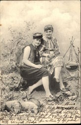 Two Women Sitting by a Campfire Postcard Postcard