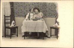 Pierrot Clown Dining with Buxom Lady Couples Postcard Postcard