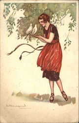 Woman in Red & Black Admiring Two White Doves Postcard