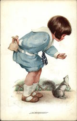 Little Boy in Blue Feeding a Squirrel Postcard