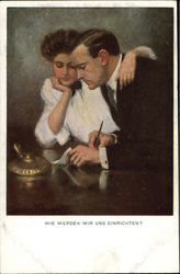 "How Will We Settle?" - Couple at Writing Desk Postcard