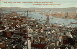 East River, from Singer Tower, Showing Brooklyn, Manhattan & Williamsburg Bridges New York, NY Postcard Postcard