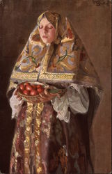 A woman in a colorful shroud holding a bowl of apples. Postcard