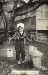 Japanese Girl Carrying Water Buckets Asian Postcard Postcard