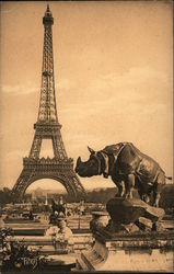 Statue of Rhinoceros in Trocadero Gardens and Eiffel Tower Paris, France Postcard Postcard