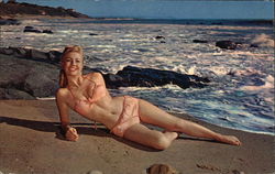 Girl on Beach in Bikini Swimsuits & Pinup Postcard Postcard