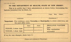 State Department of Health - Immunization Card Trenton, NJ Postcard Postcard