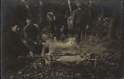 Roasting a Pig over the Fire Camping Postcard Postcard