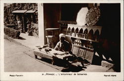 Man Embellishing Custom Woodwork in Morocco Postcard Postcard