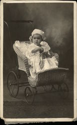 Portrait Photograph of Baby in Wicker Stroller Babies Postcard Postcard