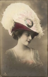 Portrait Photograph of Brunette Woman wearing Large Plumed Hat Women Postcard Postcard