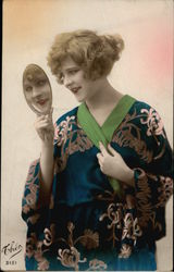 "Theo" - Blonde Woman wearing Robe, Gazing into Hand Mirror Postcard