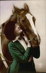 Woman in Green Hugging Chestnut Horse Horses Postcard Postcard