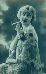 Blonde Woman in Floral Shawl Smoking Cigarette Postcard