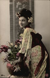 Woman in Kimono with Flowers Postcard