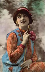 Portrait of Young Woman in Orange Wearing Hat Postcard