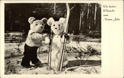 Happy New Year - Teddy Bears with Skis New Year's Postcard Postcard