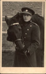 Young Man in Uniform with Black Horse Horses Postcard Postcard