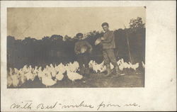 Vintage Photograph of Two Boys feeding Chickens Postcard