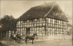 Horse & Carriage outside Tudor Home Postcard