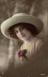 Portrait Photograph of Young Girl wearing Hat & Purple Nosegay on Dress Girls Postcard Postcard