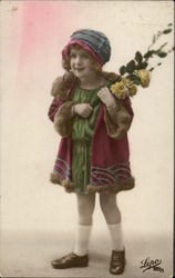 Young Girl in Coat & Hat holding Yellow Flowers Postcard