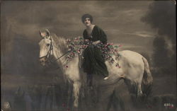 Brunette Woman holding Floral Branches on White Horse Postcard