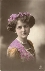 Portrait Photograph of Woman in Floral Dress & Pearls Women Postcard Postcard