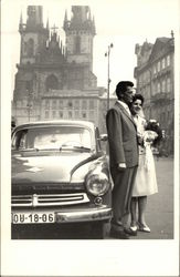 Bride & Groom Posing Beside Automobile Postcard