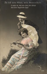 A Man Reading over a Woman's Shoulder Postcard