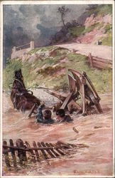 Horse-Drawn Wagon Trapped in Rushing Water with Two Passengers Postcard Postcard