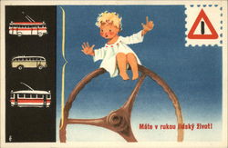 Buses and an Angel on a steering wheel with Cautions Postcard Postcard