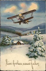 Airplane Flies over Snowy Scene Postcard