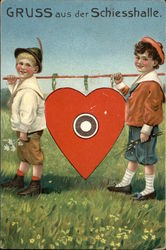 "Greetings from the Shooting Hall" - Two Boys with Heart Target Postcard Postcard