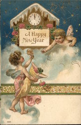 A Happy New Year with Clock & Cherubs Angels & Cherubs Postcard Postcard