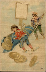 Two Boys with a Giant Roll of Coins Postcard Postcard