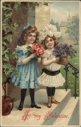 To My Valentine with Young Girls holding Flowers Postcard