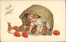 Happy Easter! with Child, Bunnies & Eggs under Basket With Bunnies Postcard Postcard