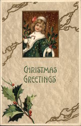 Christmas Greetings with Girl in Green holding Holly Postcard