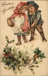 Children with Sticks and Holly Christmas Postcard Postcard