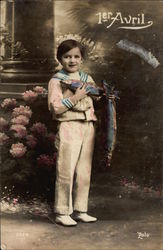 April 1st - Boy in Sailor Suit holding Blue Fish Postcard