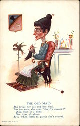 The Old Maid - Knitting Beside Cat & Bird Caricatures Postcard Postcard