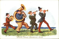 Four Men Marching while Playing Instruments Music Postcard Postcard