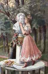 Girl in Pink Kissing Statue of Schubert (Composer) Music Postcard Postcard