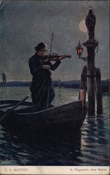 Man standing in Boat on Moonlit Water Playing Ave Maria on Violin Music Postcard Postcard