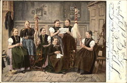 Women Spinning, Knitting, and working on Needlepoint Postcard