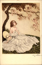 Semi-Nude Woman sitting under Tree surrounded by Cherubs Postcard