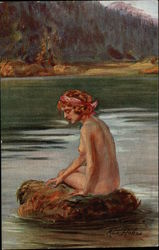 "Mermaid" - Nude Woman Sitting on Rock in Water Women Postcard Postcard