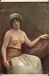 "The Female with the Statuette" - Topless Woman Seated Postcard