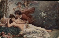 "Dream of Love" - Nude Woman Reclining with Cherubs Postcard